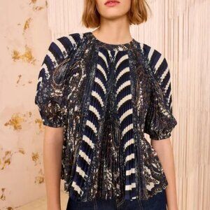 NWOT ULLA JOHNSON Dafne Pleated Short Sleeve Bouse in Eclipse XS $620